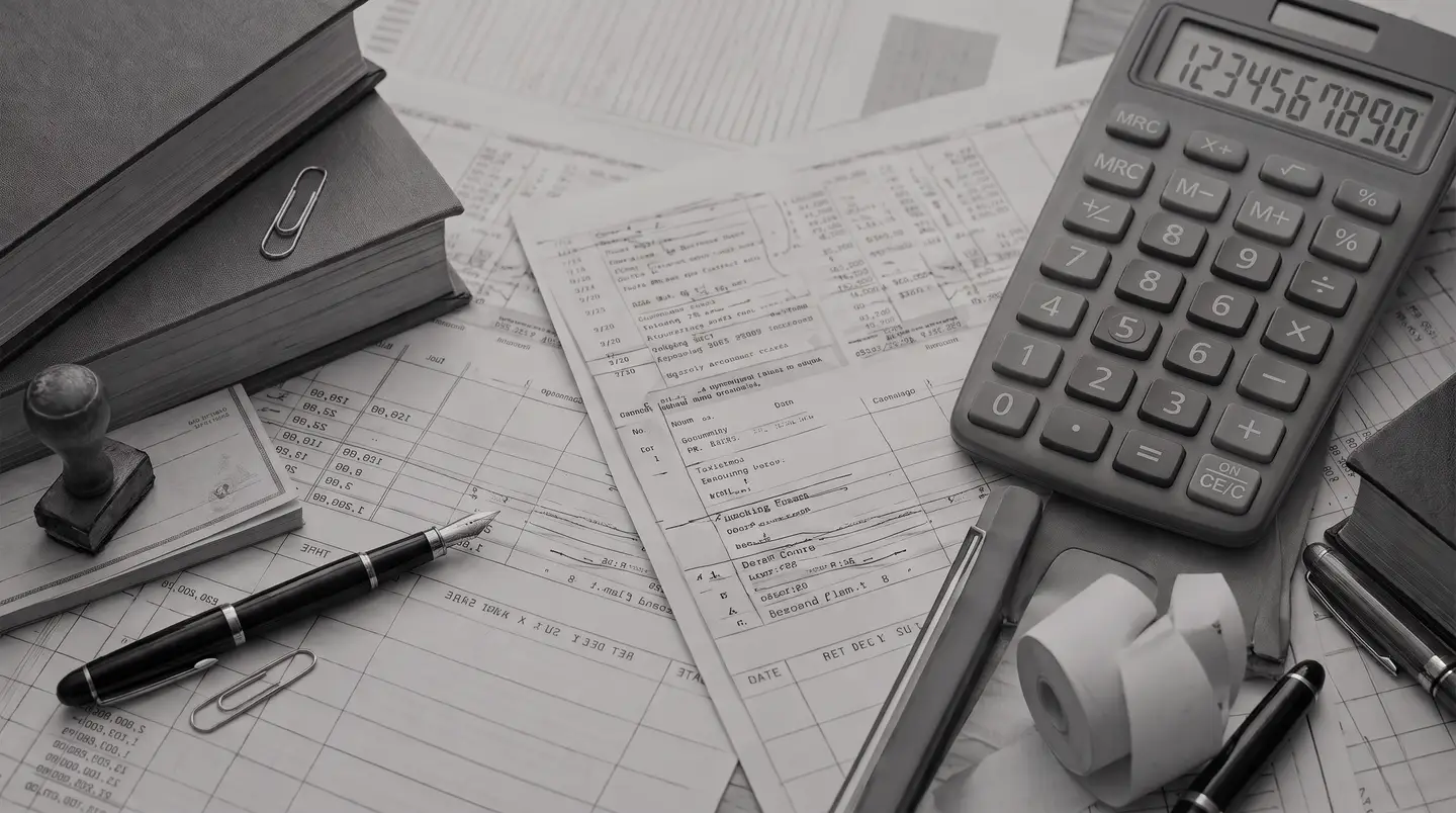 Escritorio con planillas, calculadora y comprobantes