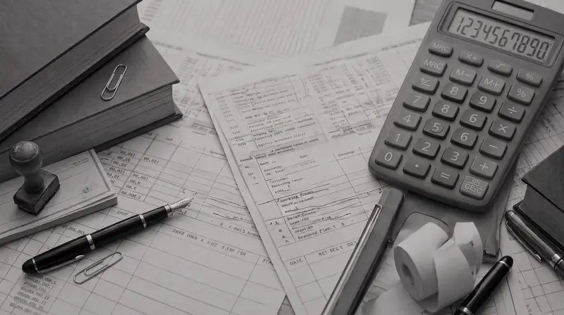 Escritorio con planillas, calculadora y comprobantes