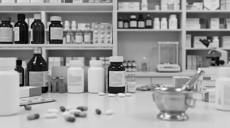 Mostrador y estantería de una farmacia