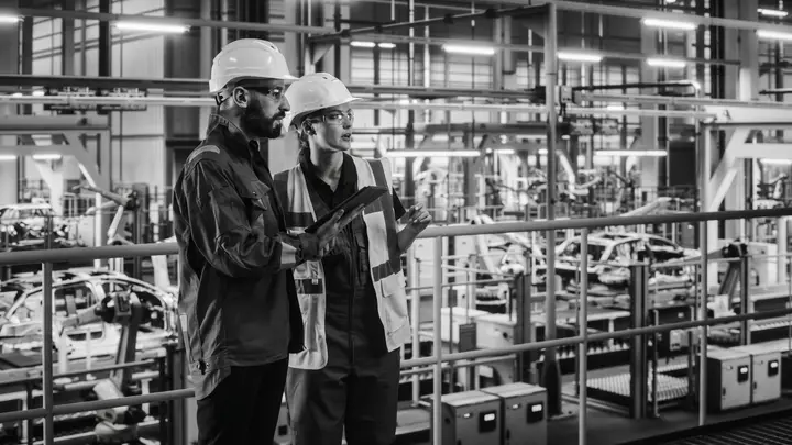 Dos personas con casco recorriendo una planta industrial