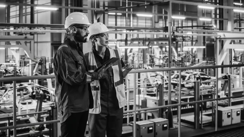 Dos personas con casco recorriendo una planta industrial