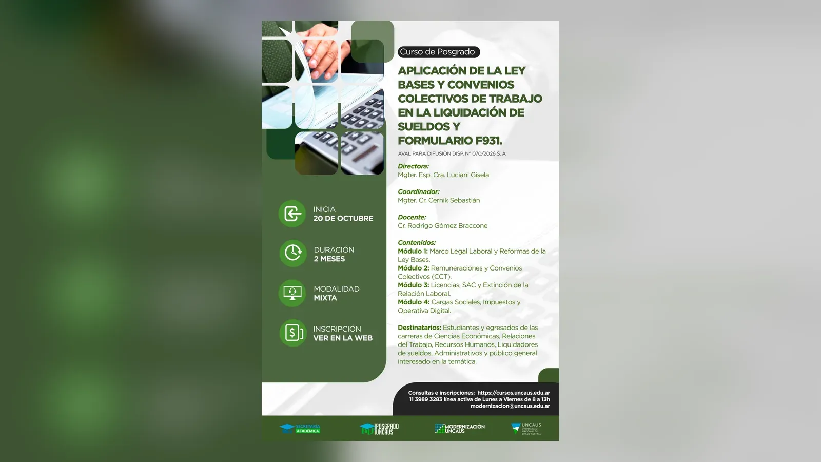 Placa del curso de posgrado sobre aplicación de la Ley Bases y convenios colectivos en la liquidación de sueldos