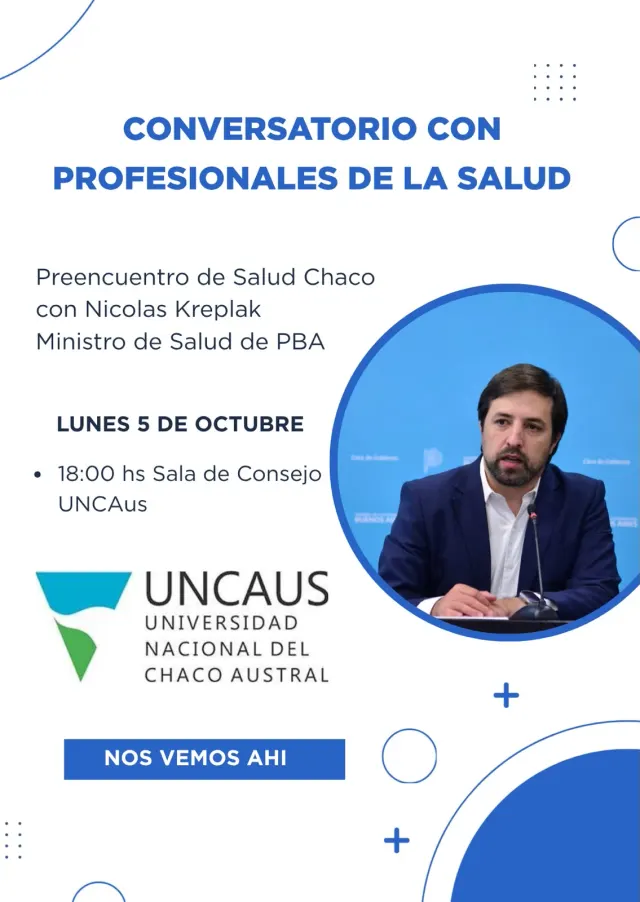 Placa del conversatorio con profesionales de la salud del lunes 5 de octubre a las 18, en el marco del Preencuentro de Salud Chaco
