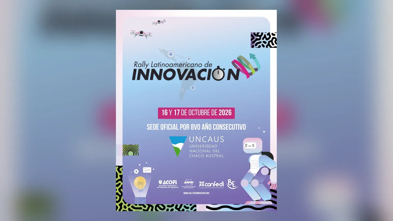 Placa del Rally Latinoamericano de Innovación 2026, con la UNCAUS como sede oficial