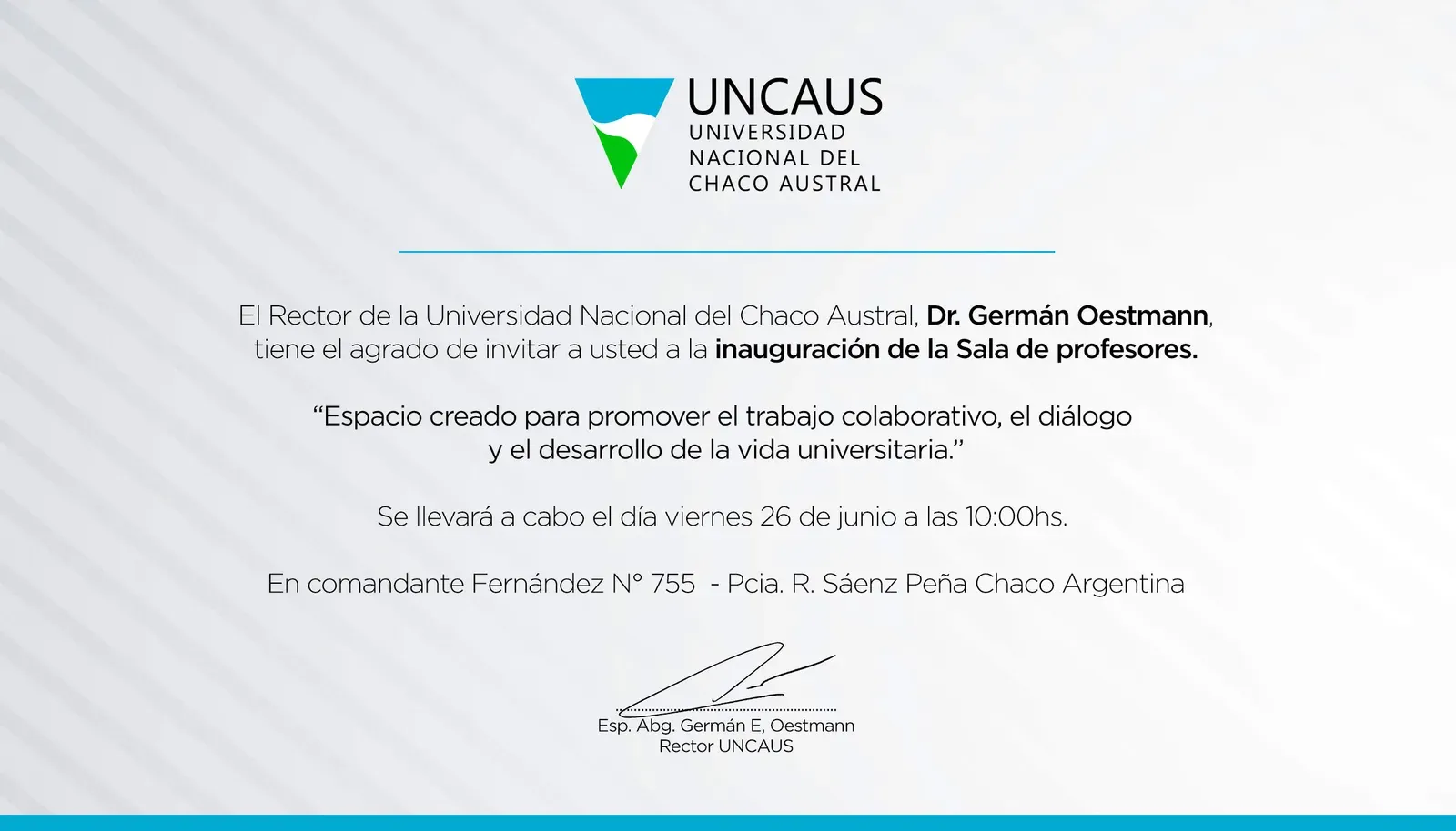 Invitación a la inauguración de la nueva Sala de Profesores de la UNCAUS